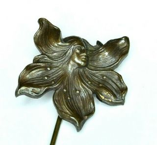 Antique Victorian Art Nouveau Lily & Womans Face Stamped Brass Figural Stickpin