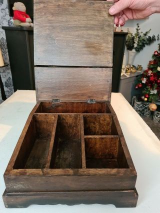 Old Dark Wood Writing Slope & Stationery Box With Decorative Top. 2
