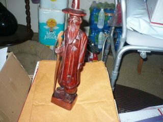 Vintage Carved Wood Sculpture Statue Old Chinese Wise Man W/ Beard Stick Antique