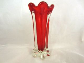 Vintage Murano Sommerso Vase Cherry Red Core In Clear Glass Ribbed 60s