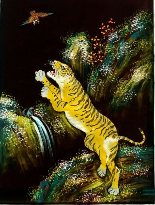 Vintage Chinese Watercolour Painting On Silk Of A Tiger -