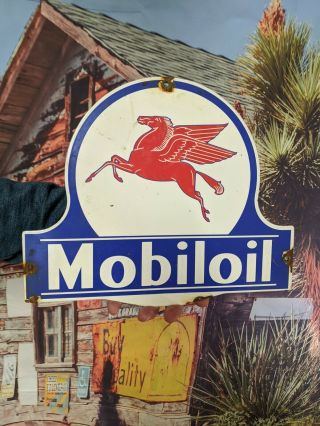 Old Vintage Mobilgas Gasoline Motor Oil Porcelain Enamel Gas Pump Sign Mobiloil