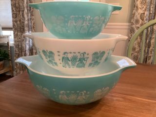 Vintage Pyrex Amish Butterprint Cinderella Mixing Bowl Set/3 Turquoise/white A,