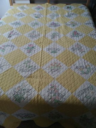 Vintage Yellow State Flowers Embroidered Hand Quilted Quilt 48 State 97”l X 75”w
