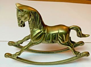 Vintage Solid Brass Rocking Horse Figurine Baby’s Room 7 1/2 " Long X 5 1/2 " Tall