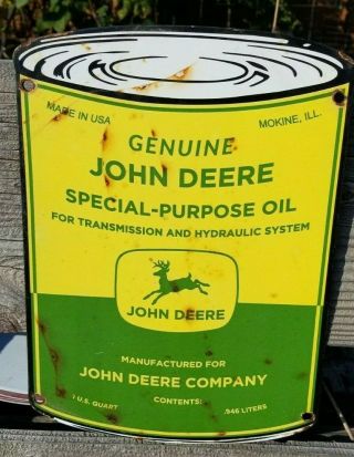 Old Vintage John Deere Tractor Transmission Hydraulic Oil Porcelain Can Sign