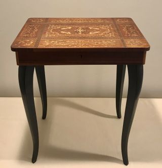 Vintage Italian Inlaid Marquetry Wood Music Box Jewelry Sewing Side Table -