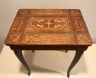 Vintage Italian Inlaid Marquetry Wood Music Box Jewelry Sewing Side Table - 2