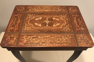 Vintage Italian Inlaid Marquetry Wood Music Box Jewelry Sewing Side Table - 3