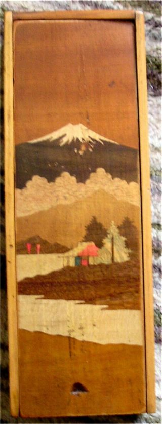 Vintage Japanese Hand Painted Inlaid Wooden Slide Top Pencil Box