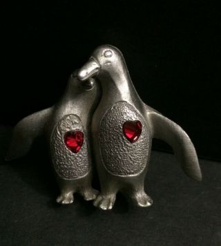 Vtg Spoontiques Pewter March Of The Penguin Love Birds Red Jewel Heart Figurine