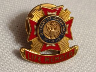 Vfw Veterans Of Foreign Wars Life Member Pin 1/20th,  10k Gf Vintage