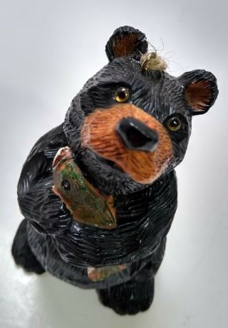 Black Bear With Fish Wood Carved Look Resin Ornament Figurine