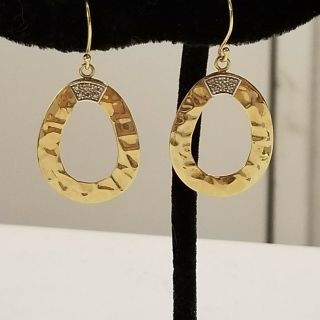 Vintage 14k 585 Yellow Gold Diamonds Hammered Hoops Pierced Earrings 3.  32 G