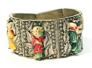 Vintage Chinese Export Silver Filigree Carved Elders Immortals Panel Bracelet
