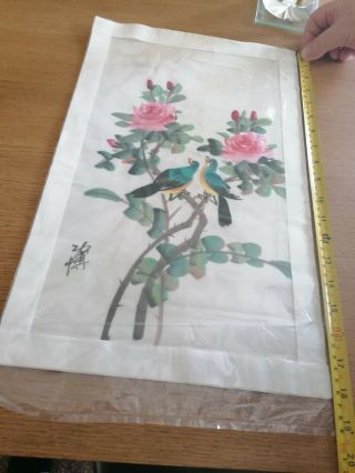 Japanese Signed Painting On Silk With Flowers And Birds