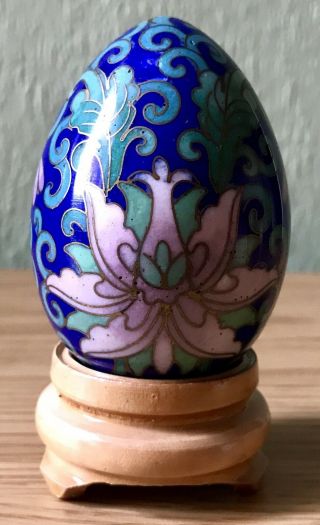 Chinese Floral Decoration Cloisonné Egg With Wood Stand.  Hand - Painted