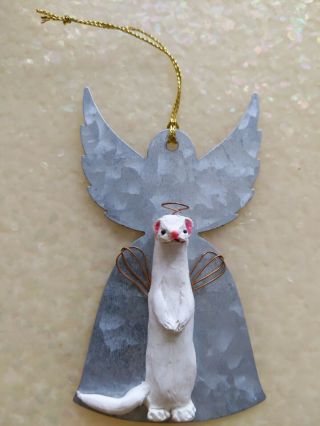 Artist Crafted Albino Dew Ferret And Metal Angel Christmas Ornament Decoration
