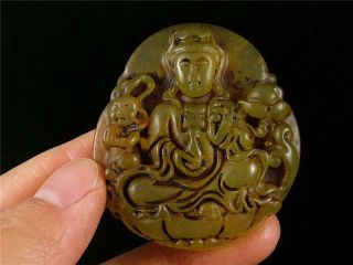 Old Chinese Xiu Jade Carved Pendant Netsuke Kwanyin Auspicious