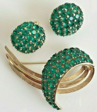 Vintage Green Rhinestone Brooch & Clip Earrings Signed Crown Trifari