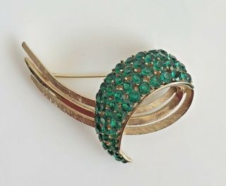 VINTAGE Green Rhinestone Brooch & Clip Earrings Signed Crown TRIFARI 3