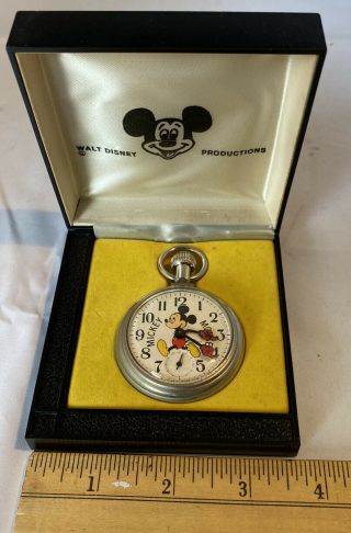 Vintage Walt Disney Productions Mickey Mouse Pocket Watch In Case