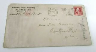 Vintage Spokane Knights Of Columbus Stamp Letter Envelope Cover Dated 1911