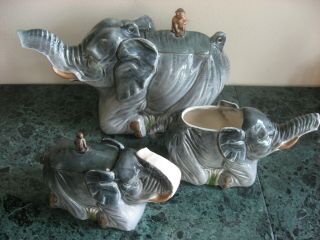 Vintage Elephant 3 Piece Tea Set Trunks Up For Luck Glazed Pottery