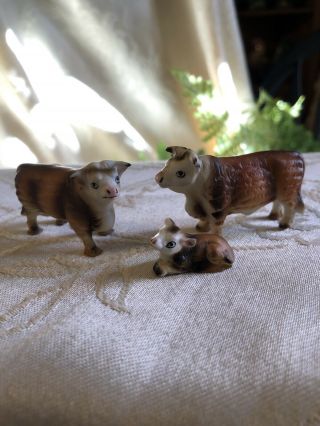 Set Of 3 Bisque Bone China Miniature Bull Cow & Calf Figurines