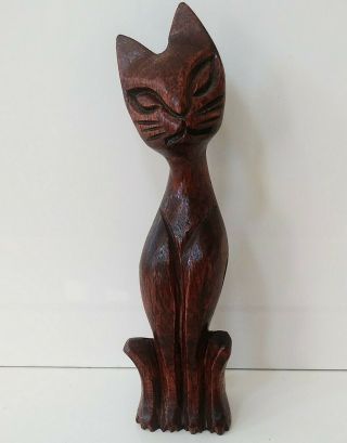 Mid Century Modern Vintage Hand Carved Monkeypod Wood Cat Feline Siamese 6 1/2 "