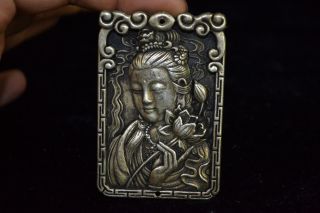 Chinese Old Tibet Silver Carve Kwan - Yin Lotus Amulet Woman Pendant Collectible N