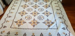 Vintage Handmade Cross Stitched Large Quilt - Golden Yellow & Browns - 90 " X 78 "