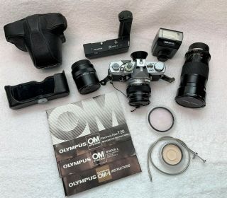 Vintage Olympus Om - 1 Md Camera W/ Zuiko 50mm,  Vivitar 28 - 90mm,  Winder,  Flash