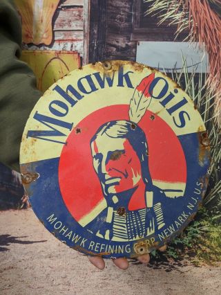 Vintage Dated 1951 Mohawk Oils Gasoline Porcelain Enamel Gas Sign Indian Chief