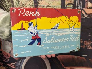 Old Vintage Penn Fishing Lures Porcelain Advertising Sign Fish Bait Rapala Boat