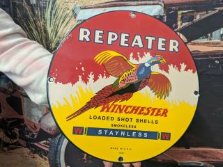 Old Vintage Dated 1961 Winchester Repeater Porcelain Gas Oil Sign Shot Shells