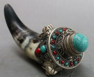 Old Chinese Traditional Handmade Ox Horn Inlaid Turquoise Horns Snuff Bottle
