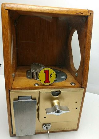 Vintage Victor Vending Wood Case 1 Cent Peanut Gumball Machine W/ Key