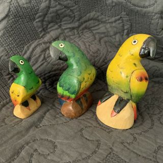 3 Three Parrots Hand Carved Painted Balsa Wood Figurine Figure Bird Tropical