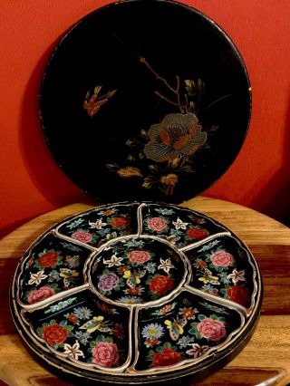 Stunning 7 - Part Hand - Painted Chinese Hors D’oeuvre Dish In Lacquered Box