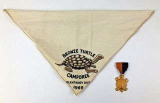 Vtg 1969 Bsa Boy Scouts Neckerchief Badge Bronze Turtle Camporee Olentangy Dist