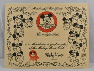 Mickey Mouse Club Membership Certificate Mouseketeer Blank Walt Disney No Date