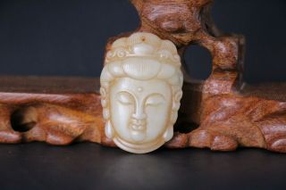 Antique Chinese Hand Carved Jade Buddha Head Sides Pendant