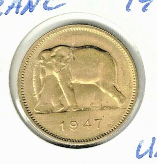 Choice Uncirculated Belgian Congo 1947 2 Franc Km 28 Elephant Coin