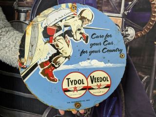 Vintage Dated 1943 Tydol Flying A & Veedol Gasoline & Oil Porcelain Pump Sign