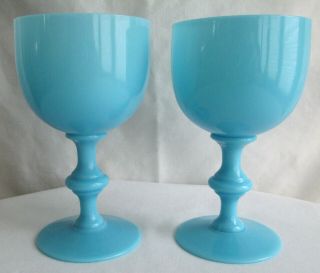 Vintage Portieux Vallerysthal French Blue Opaline Milk Glass 2 Wine Goblets Stem