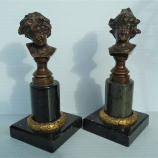 2 Vintage Bronze Bust Greek / Roman Boy 5 " & Girl 5 3/8 " Mounted Marble Base