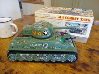 Vintage Tin Toy Us Army M - 4 Sherman Combat Tank Taiyo Made In Japan