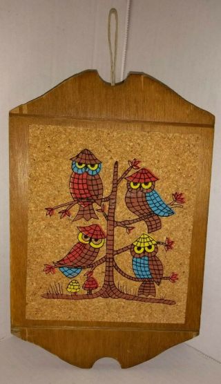 Vintage 1960 - 70s? Mod Wood & Cork Wall Art Plaque 4 Owls In Tree Over Mushrooms
