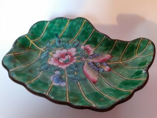 Stunning Antique Japanese Enamel Leaf Shaped Dish With Floral & Fly Design